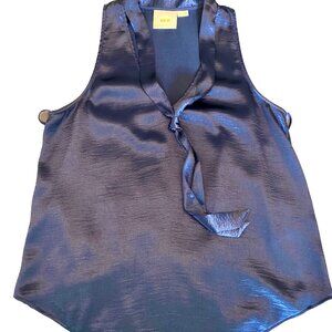 Anthropologie Maeve Silky Satin Blue Tie Neck Blush Blouse